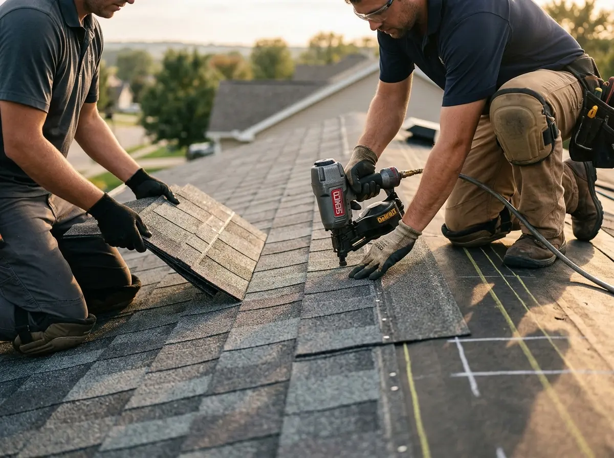 Professional roofer working on a residential roof in Erie